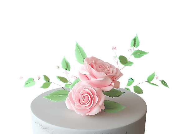 A custom grey cake adorned with 3D edible rose flowers and green leaves.